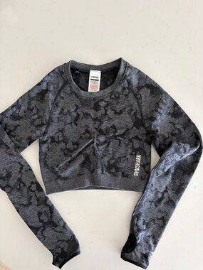 Gymshark Grey & Black Camo Cropped Long Sleeve Top